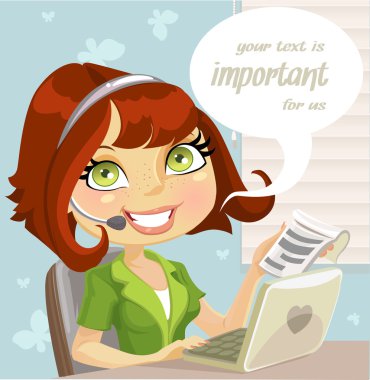 Girl manager with a microphone, computer and notebook clipart