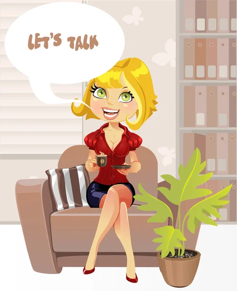 Schönes Blondes Mädchen im blauen Sessel mit Tasse Kaffee bietet "Let's talk" — Stockvektor