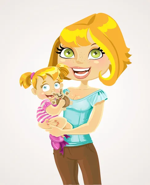 Блондинка мама с девочку в ее руках — стоковый вектор
