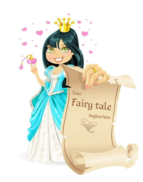 Sweetheart brunette Princess with banner - your fairy tale begins here — Stock Vector