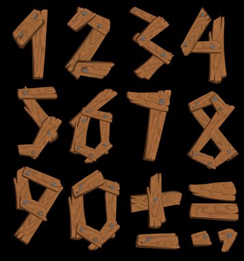 The figures made of wood held together with nails on black background clipart