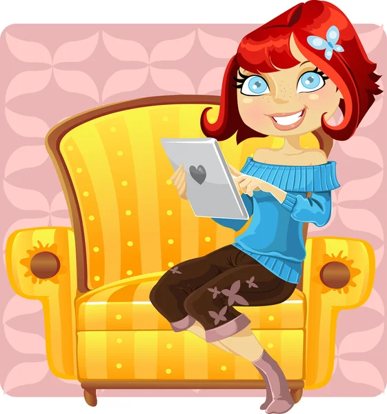 Mignonne fille avec un ordinateur portable dans un fauteuil jaune — Image vectorielle