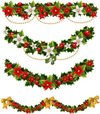 Green Christmas garlands of holly and mistletoe and bow clipart