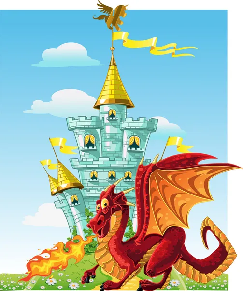 Conte de fées magique rouge dragon près du château magique bleu — Image vectorielle
