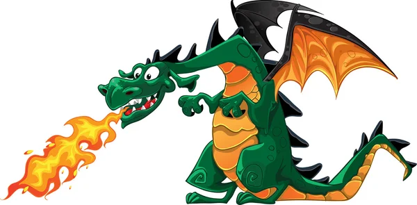 Vector verde mágico fabuloso con dientes de dragón escupiendo fuego — Vector de stock