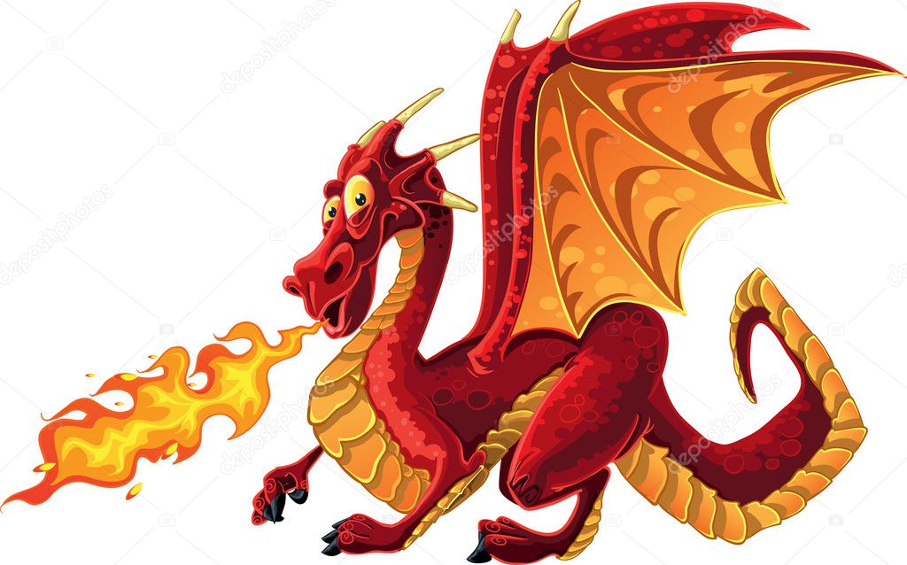 Desenho animado dragão vermelho cuspindo fogo - Stockphoto