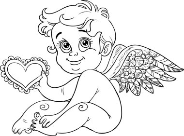 Cute little cupid with Valentine, black outline for coloring clipart