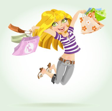 Cute blond girl shopaholic with shopping bags clipart