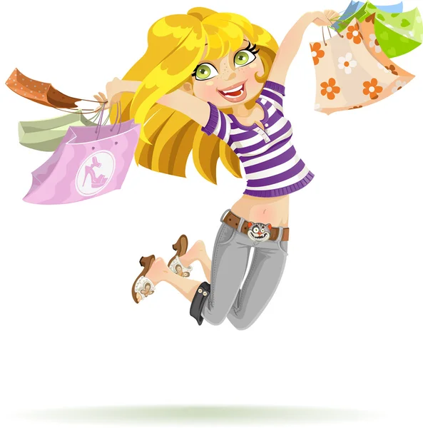 Shopaholic linda chica rubia con bolsas aisladas sobre fondo blanco — Archivo Imágenes Vectoriales