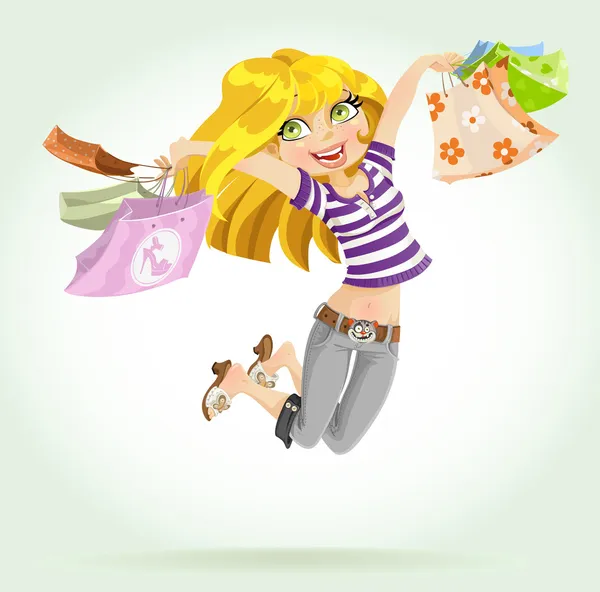 Sevimli sarışın kız Alışverişkoliğin alışveriş torbaları ile — Stok Vektör