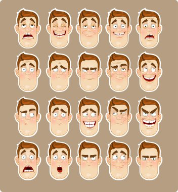 A young man emotions - joy, sadness, hurt, shock, joy, inspiration icon clipart