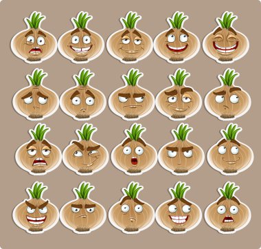 Vector cute cartoon onion smile with many expressions icons clipart