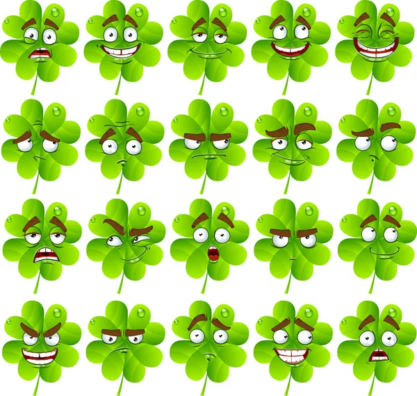 Vector cute cartoon four-leaf clover with many expressions — Stock Vector