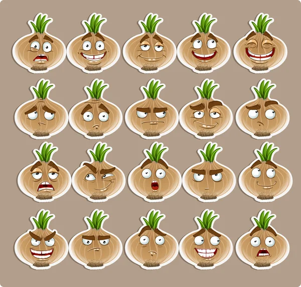Vettoriale carino cipolla cartone animato sorriso con molte espressioni icone — Vettoriale Stock
