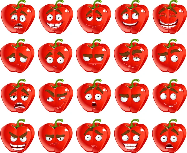 Vector cute cartoon red Bulgarian pepper smile with many expressions — Stock Vector