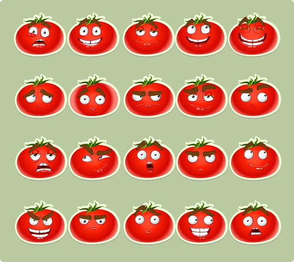 Vector schattig cartoon tomaat glimlach met vele uitdrukkingen pictogrammen — Stockvector