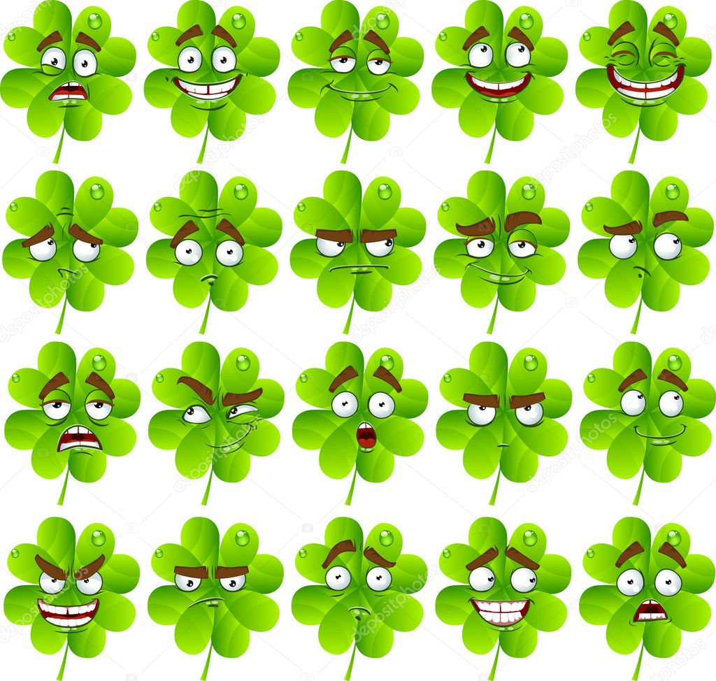 Vector cute cartoon four-leaf clover with many expressions