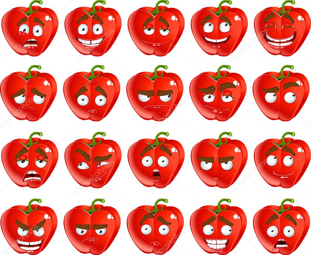 Vector cute cartoon red Bulgarian pepper smile with many expressions