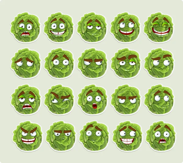 Cute cartoon green cabbage smile with many expressions icons — Stock Vector