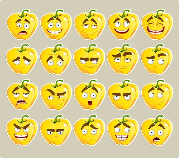 Vector cartoon yellow Bulgarian pepper smile with many expressions — Stock Vector