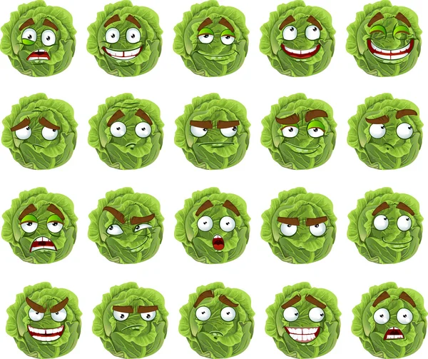 Cute kartun hijau kubis senyum dengan banyak ekspresi - Stok Vektor