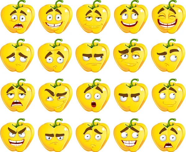 Senyum lada Bulgaria berwarna kuning kartun dengan banyak ekspresi - Stok Vektor