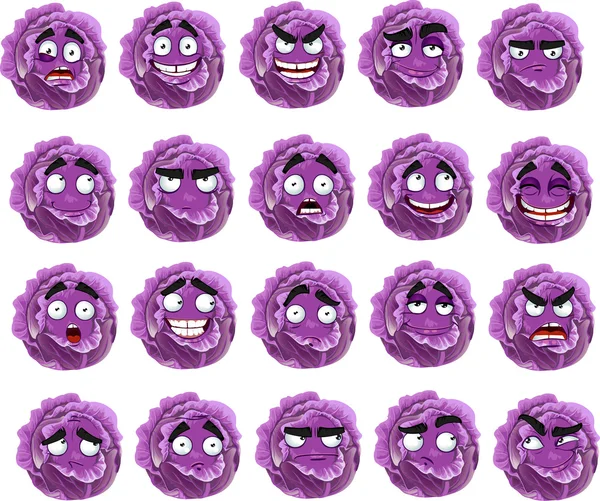 Kreslený fialové zelí úsměv s mnoha výrazy — Stockový vektor