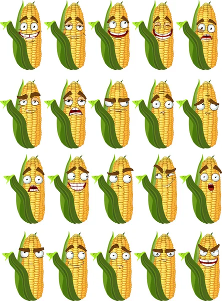 Bonito desenho animado sorriso de milho com muitas expressões — Vetor de Stock