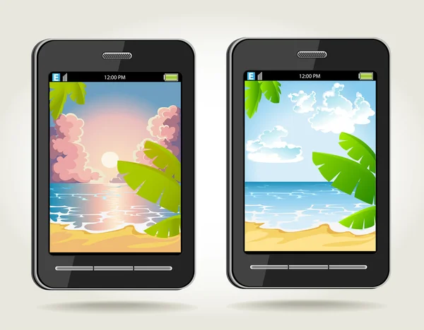 Gün batımı ve palmiye ağaçları ve plaj günü bir fotoğraf ile Telefon — Stok Vektör