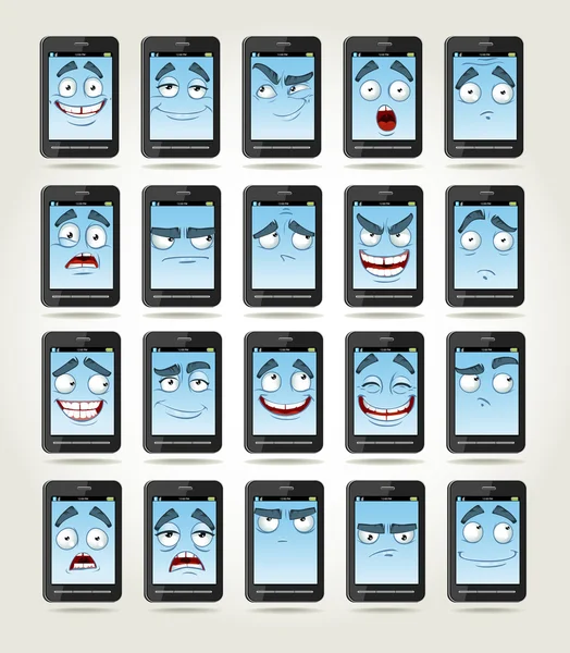 Eine Reihe von lächelnden Telefonen mit unterschiedlichen Emotionen — Stockvektor