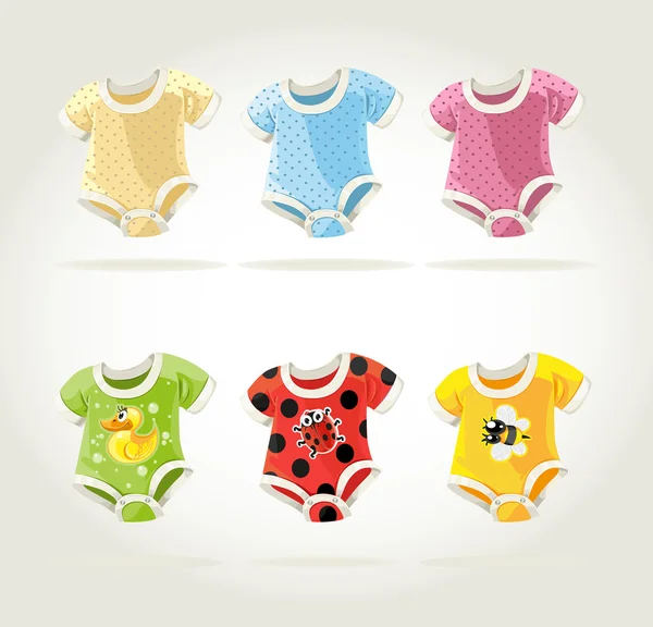 Costumes colorés mignons pour bébés avec des impressions amusantes — Image vectorielle