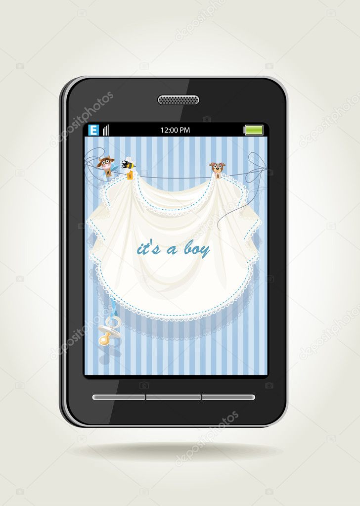 Smart phone with baby boy blue openwork announcement card