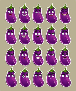 Cartoon aubergine glimlach met vele expressies stickers