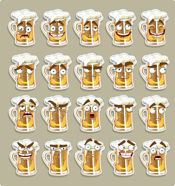 Mignonne série de sourires autocollants de bière — Image vectorielle