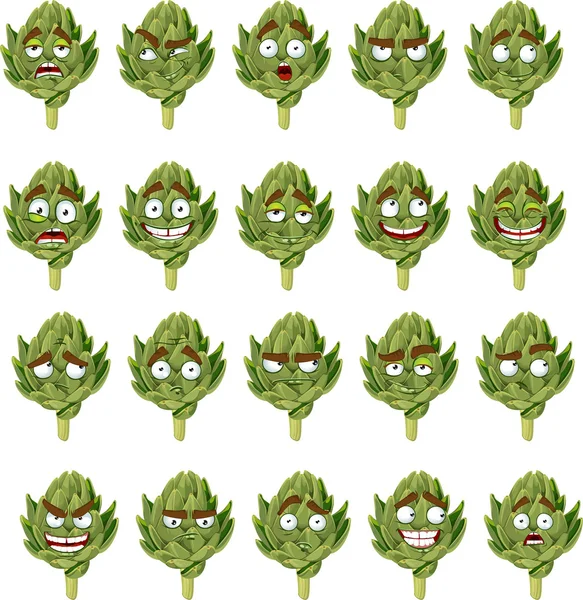 Green fresh useful eco-friendly artichoke smiles emotions — Stock Vector