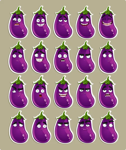 Cartoon aubergine leende med många uttryck klistermärken — Stock vektor