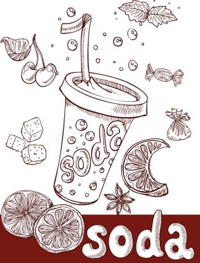 Sweet soda with fruit and sweets. handwriting clipart