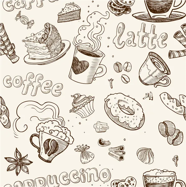 Bezešvé vzorek kávy dorty koláče latte a cappuccino — Stockový vektor