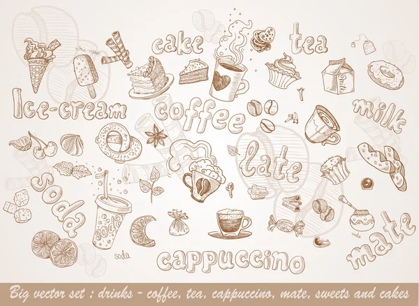 Big vector set - drinks - coffee, tea, cappuccino, mate, sweets and cakes — Image vectorielle