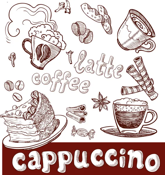 Kawa, cappuccino, późno i słodycze. pisma — Wektor stockowy