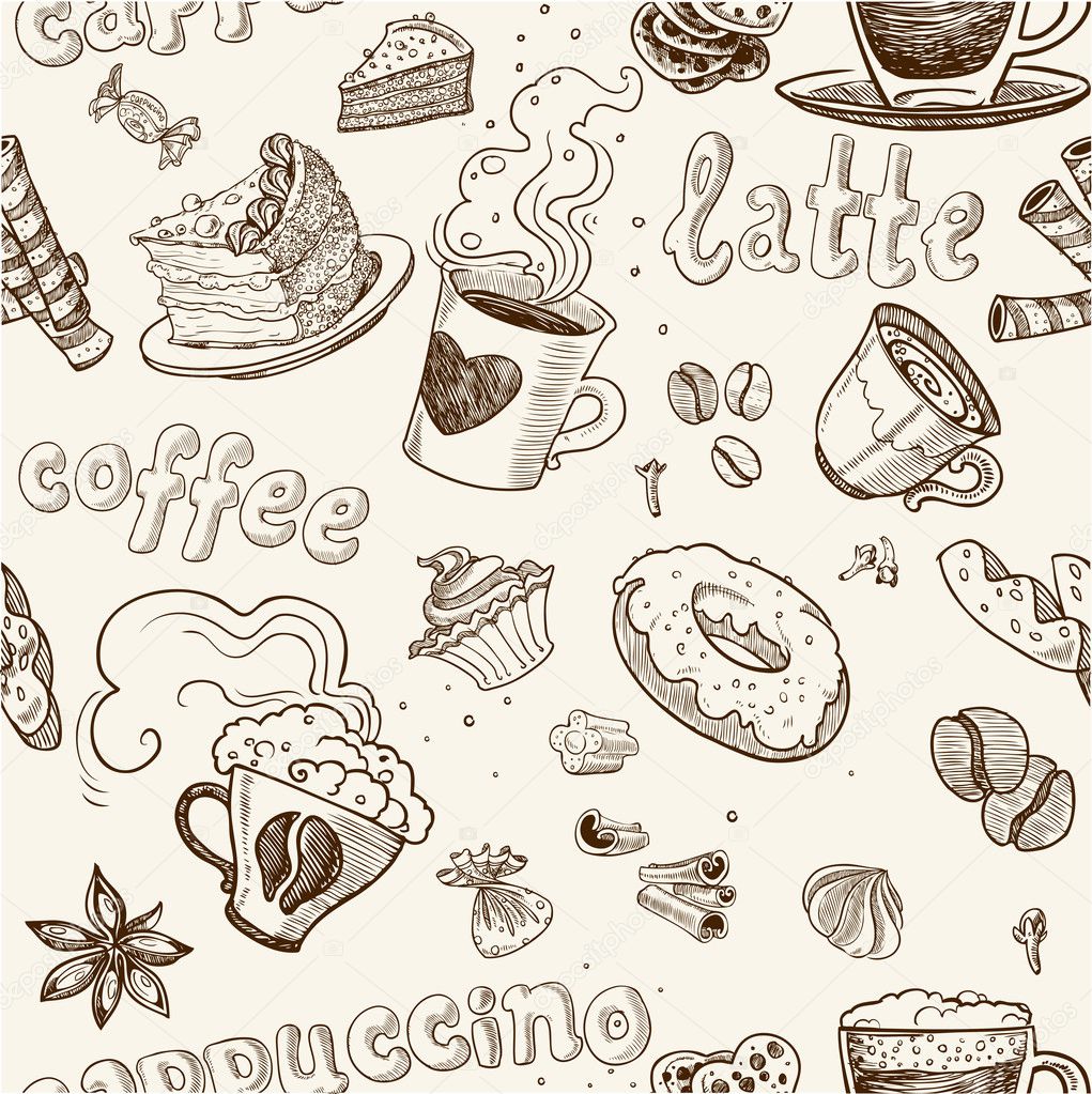 Seamless pattern with coffee cakes pies latte and cappuccino