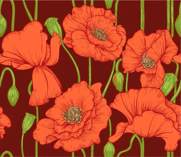 Seamless pattern of red poppies on dark background — Stock Vector