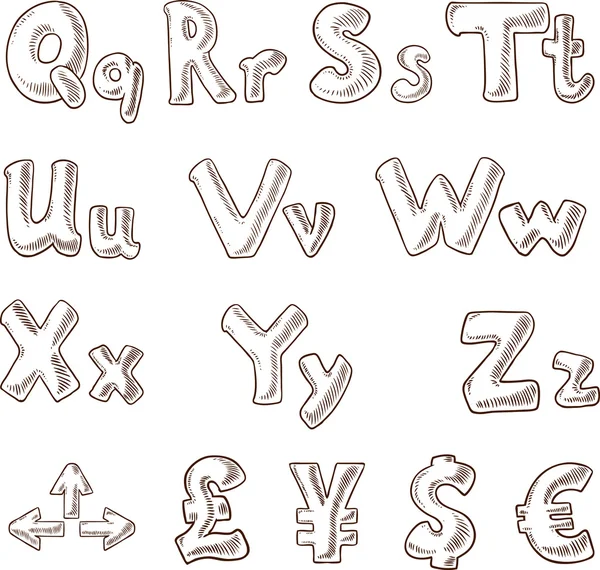 Handskrivna alfabetet i skiss stil q-z och symboler av pengar — Stock vektor