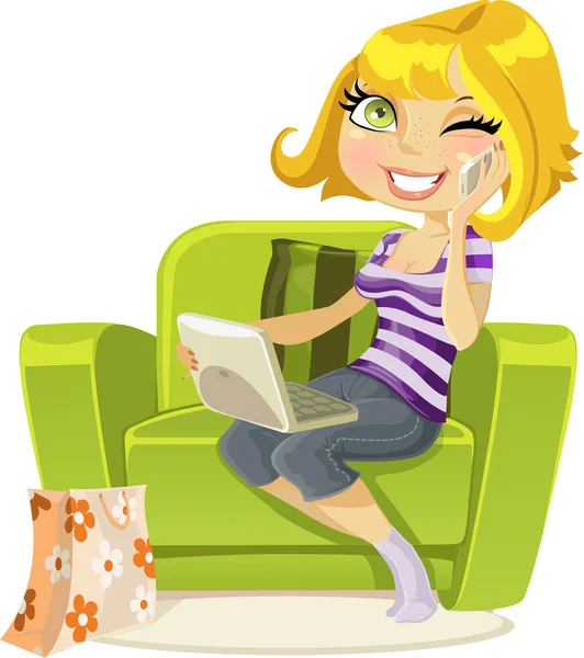 Söt blondin sitter i en stol med en bärbar dator och pratar i telefon — Stock vektor