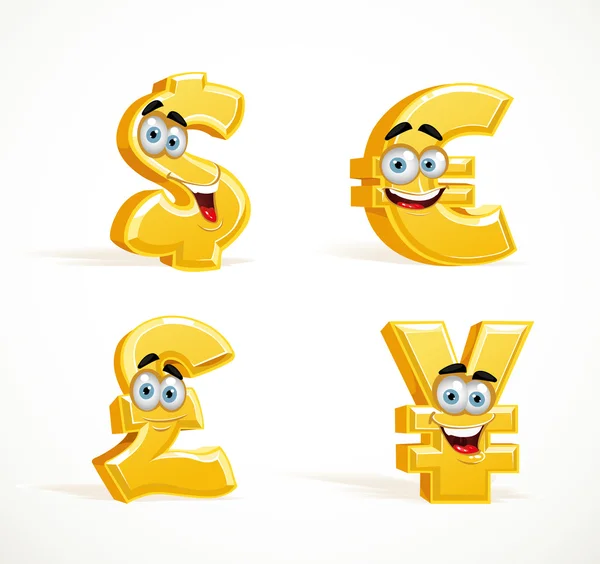 Monetary signs smiling emoticons - dollar, pound, euro and yen — Stock Vector
