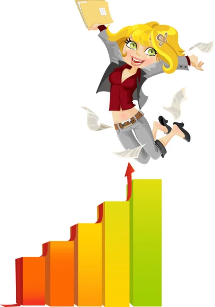 Business Lady glücklich durch die Tatsache, dass die Datensätze auf dem Gipfel-hopping Grafiken hinterlegt — Stockvektor