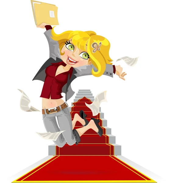 Счастливый работник с документами на начале Лестница успеха — стоковый вектор