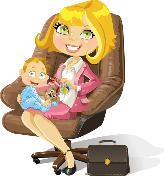 Maman d'affaires avec le petit garçon dans une chaise de bureau — Image vectorielle