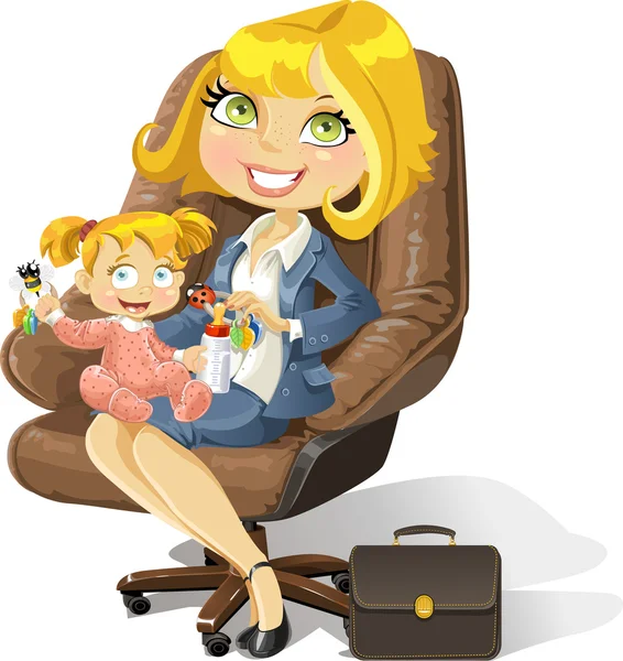 Business mom with baby girl in an office chair — Stock Vector