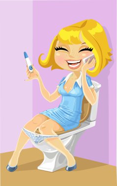 Young woman in a toilet says on the phone about a her pregnancy clipart